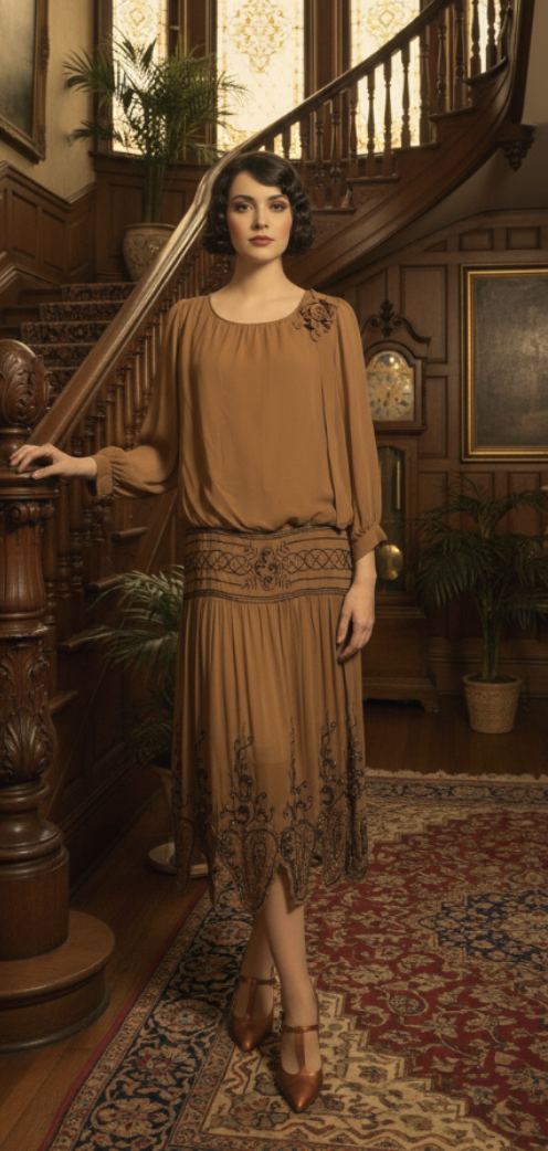 Cinnamon Silk Blouson Dropped Waist Beaded Dress circa 1920s Cinnamon Silk Blouson Dropped Waist Beaded Dress circa 1920s