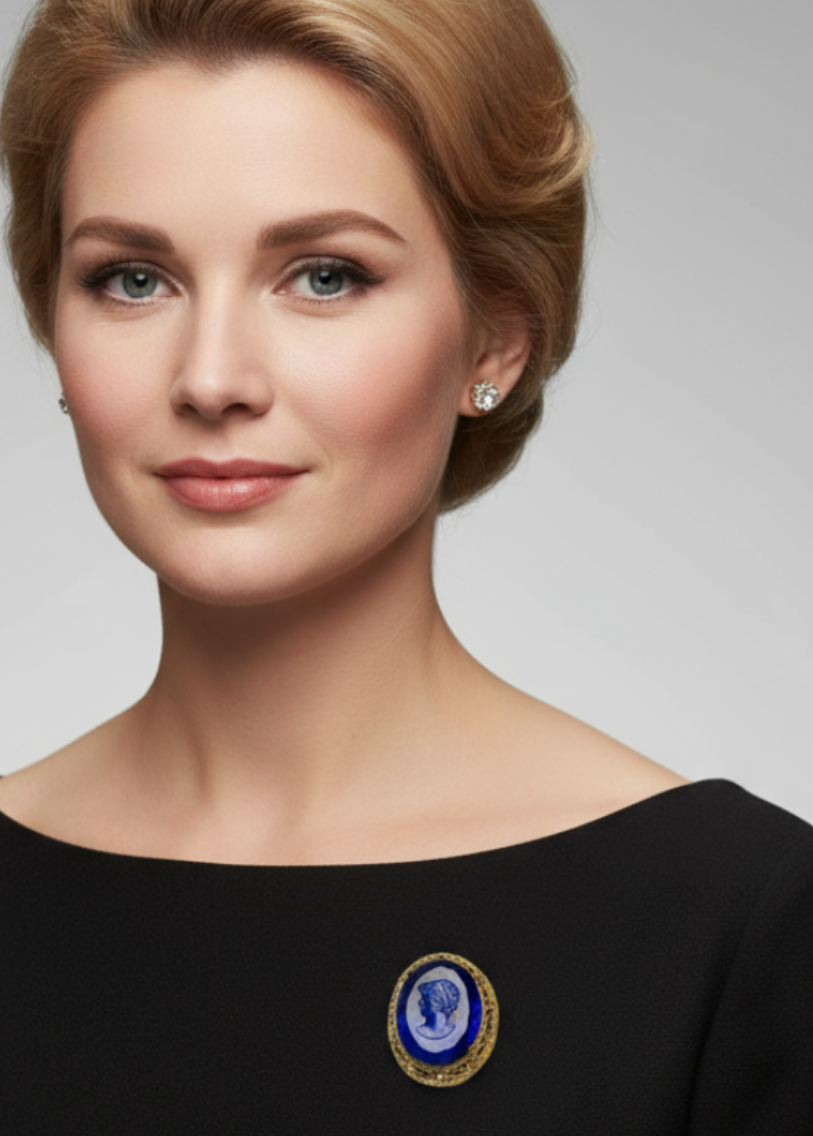 Cobalt Blue Carved Lucite Cameo Inspired HUGE Brooch circa 1960s