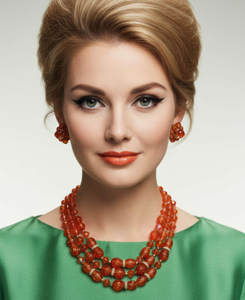 Fiery Orange and Red Multistrand Beaded Necklace & Earrings Demi Parure Set circa 1960s