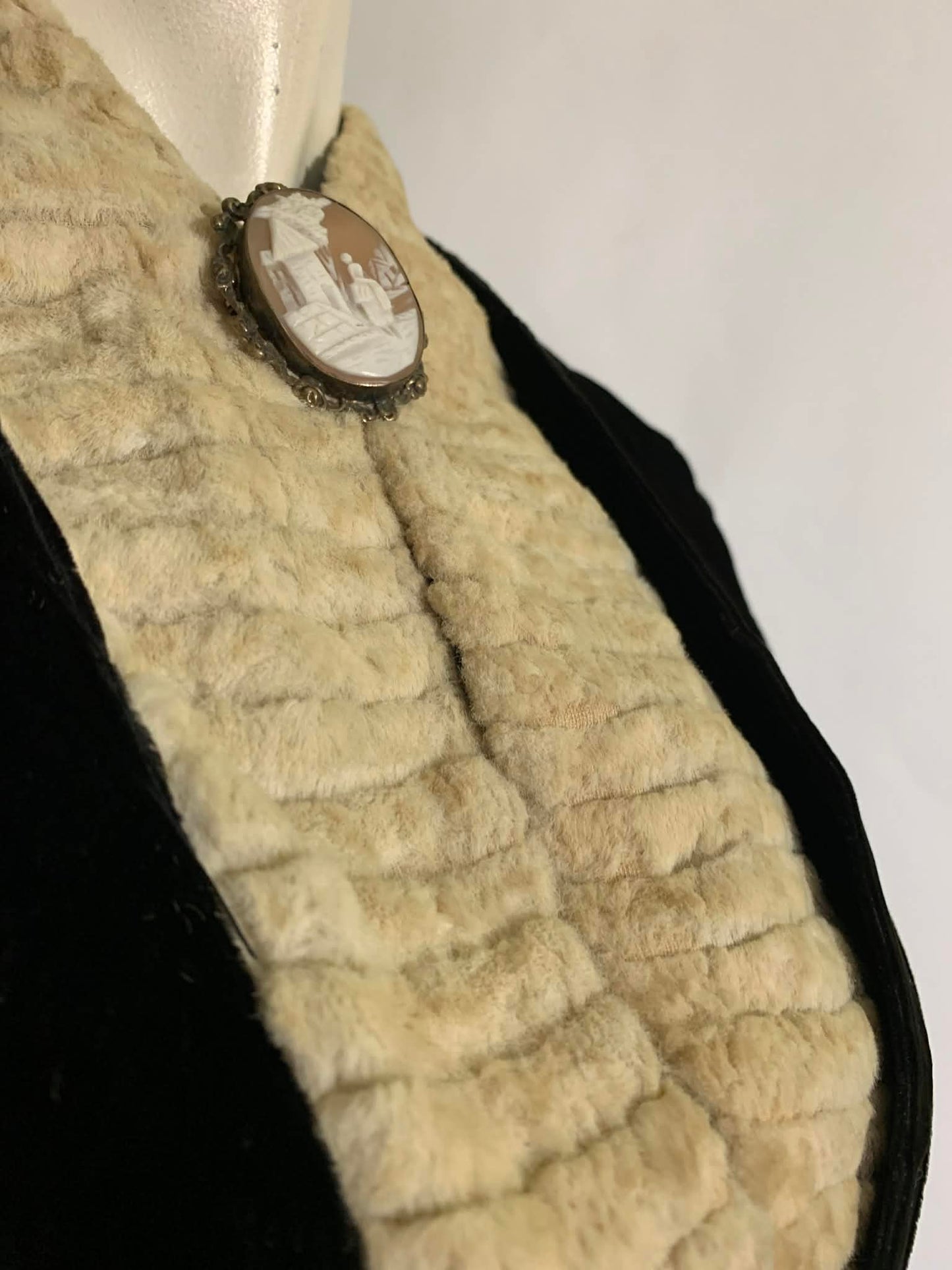 Black Velvet and Sculpted Fur Coat Slit Back circa 1890s