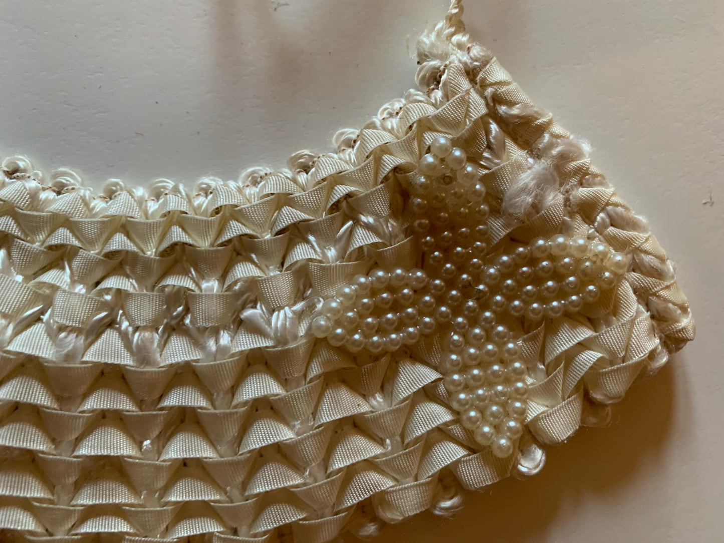 Winter White Crocheted Ribbon Collar with Faux Pearls circa 1960s