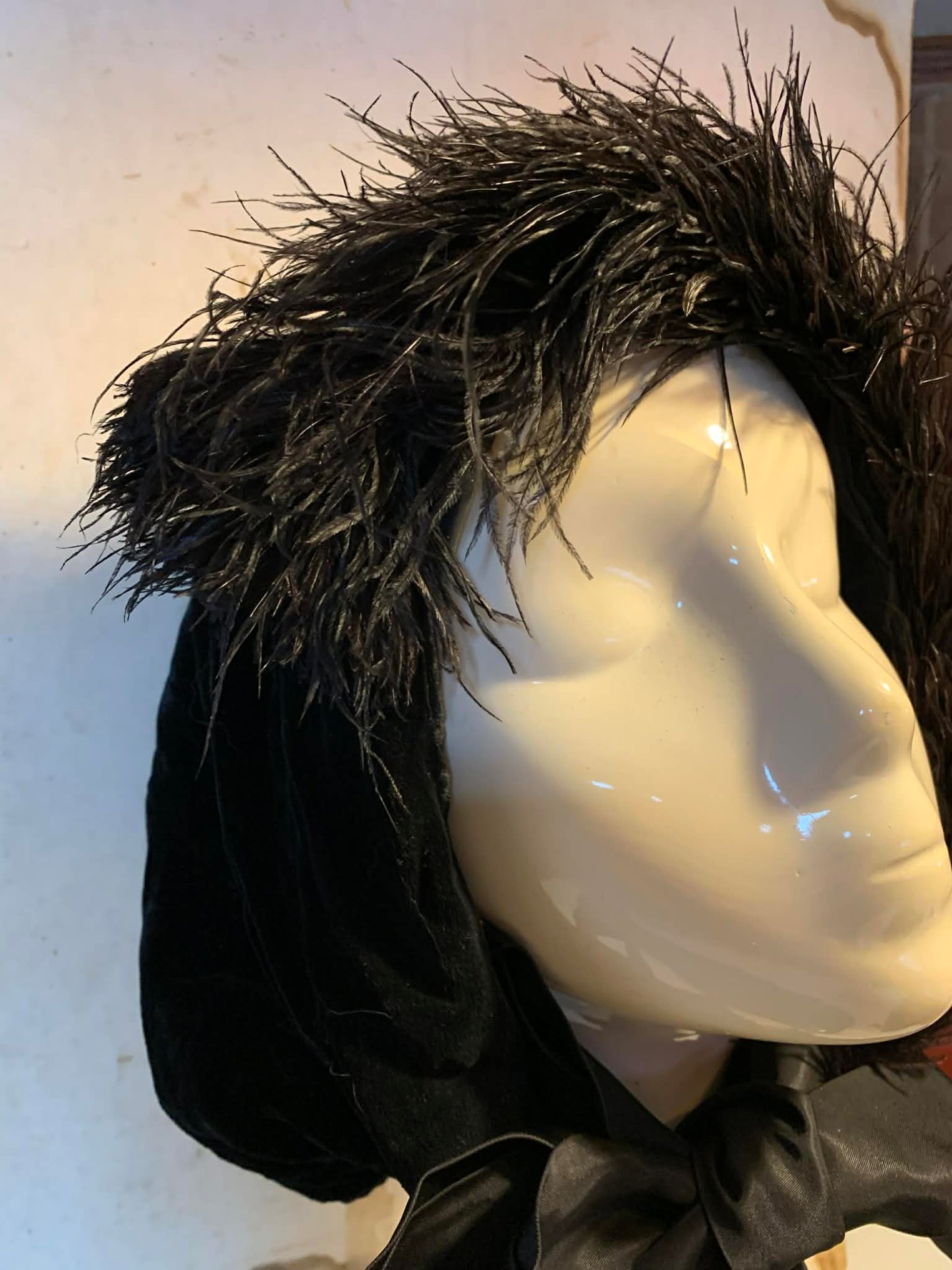 Capot Noir Reimagined Vintage Black Velvet Hood Antique Feather, Ribbon and Sacred Heart Jet Bead Fobs