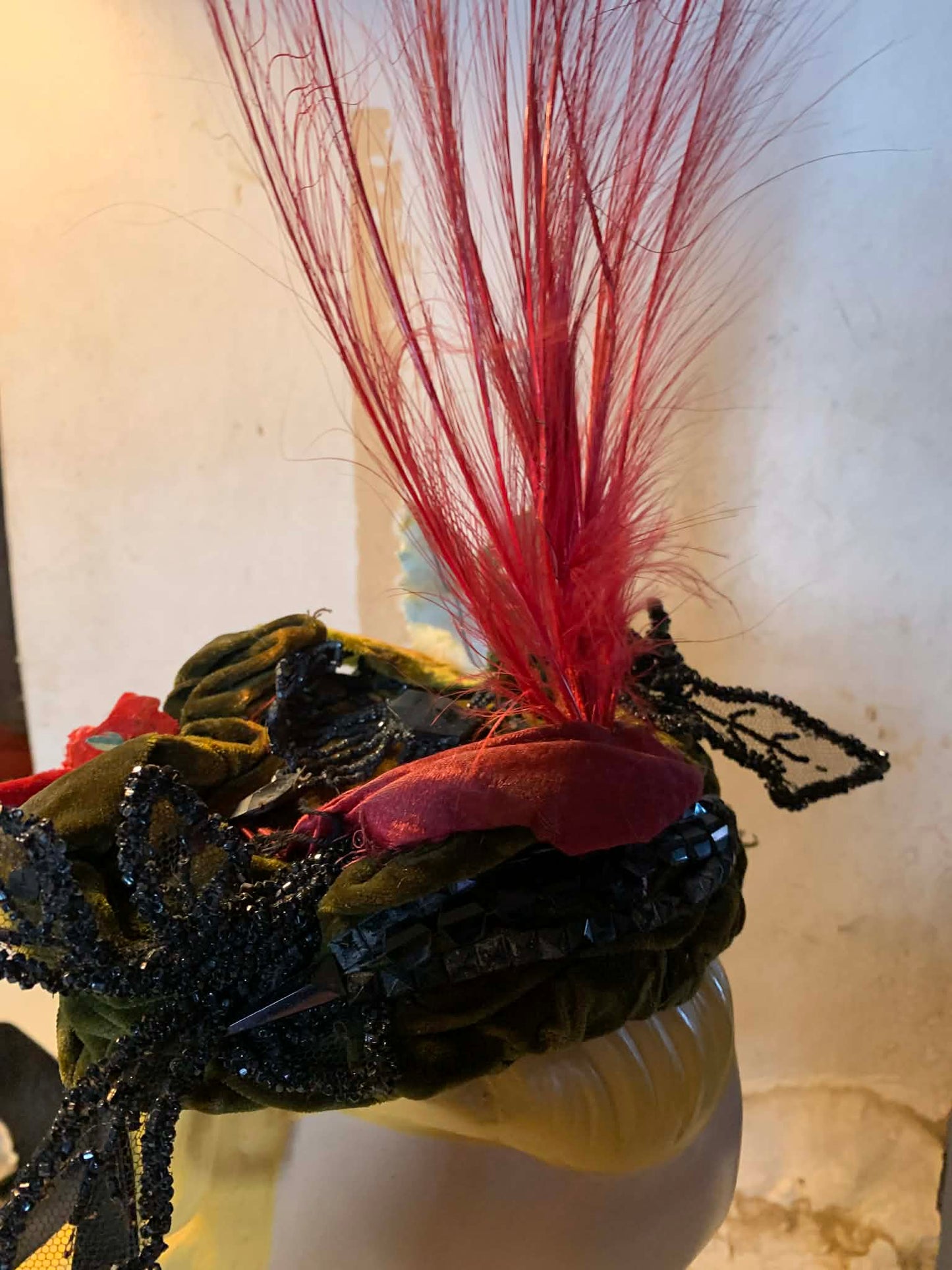 Great Heights Red Feather Topped Velvet Victorian Reimagined Antique Hat