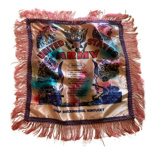 WWII US Army Pink Fringed Pillow Case Poem for Mother circa 1940s