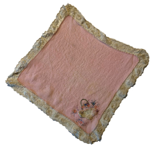 Dainty Pink Silk Handkerchief with Embroidered Flower Basket and Lace circa 1920s