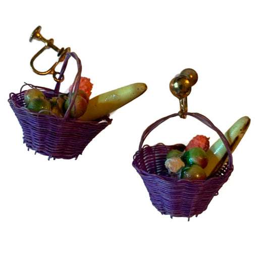 Purple Dangling Baskets of Fruit Earrings circa 1940s