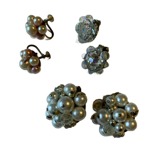 Beads and Faux Pearls Button Clip Earrings Lot circa 1960s