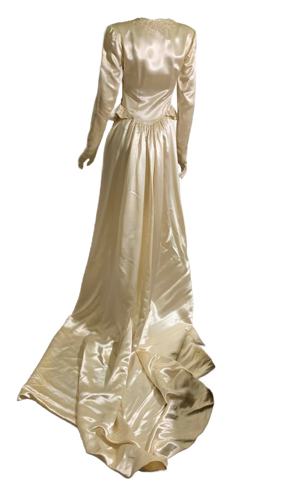 Winter White Slipped Satin Wedding Dress with Beaded Neckline and Hip Accents circa 1940s