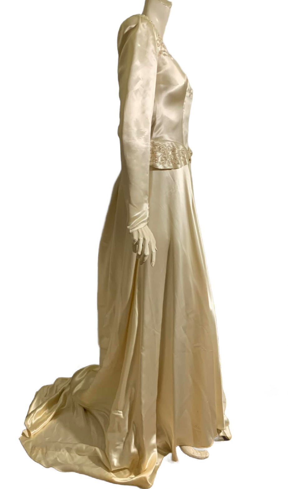 Winter White Slipped Satin Wedding Dress with Beaded Neckline and Hip Accents circa 1940s