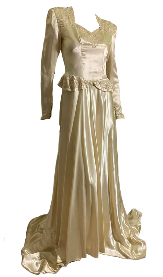 Winter White Slipped Satin Wedding Dress with Beaded Neckline and Hip Accents circa 1940s