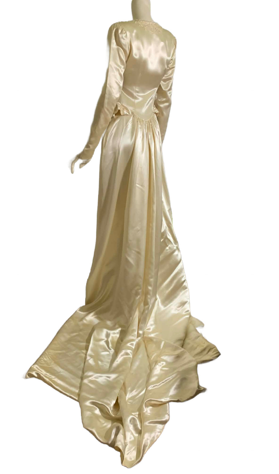 Winter White Slipped Satin Wedding Dress with Beaded Neckline and Hip Accents circa 1940s