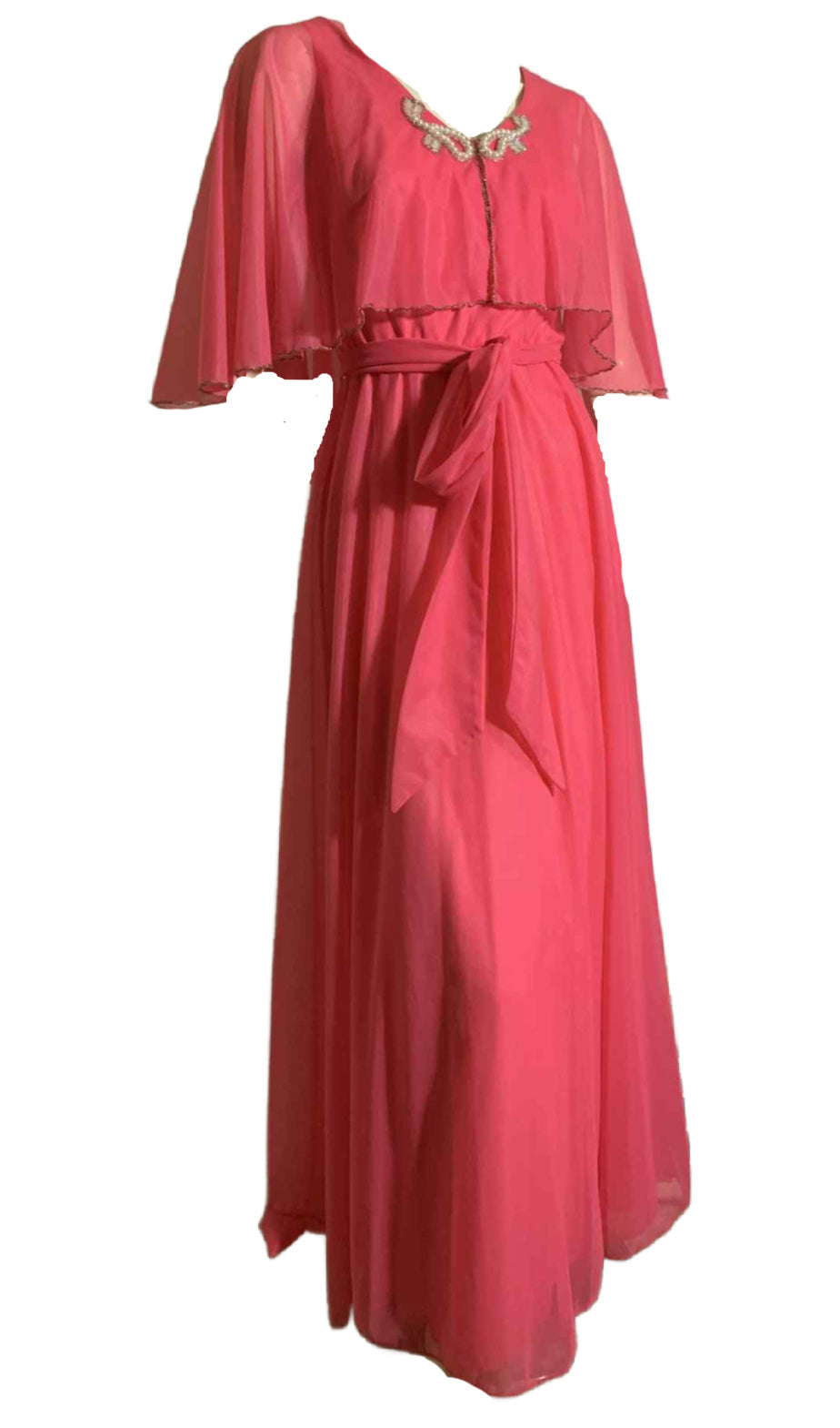 Shocking Pink Chiffon Caped Maxi Dress circa 1970s