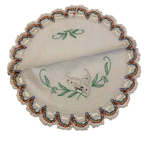 Butterfly Embroidered Round Cotton Doily circa 1940s