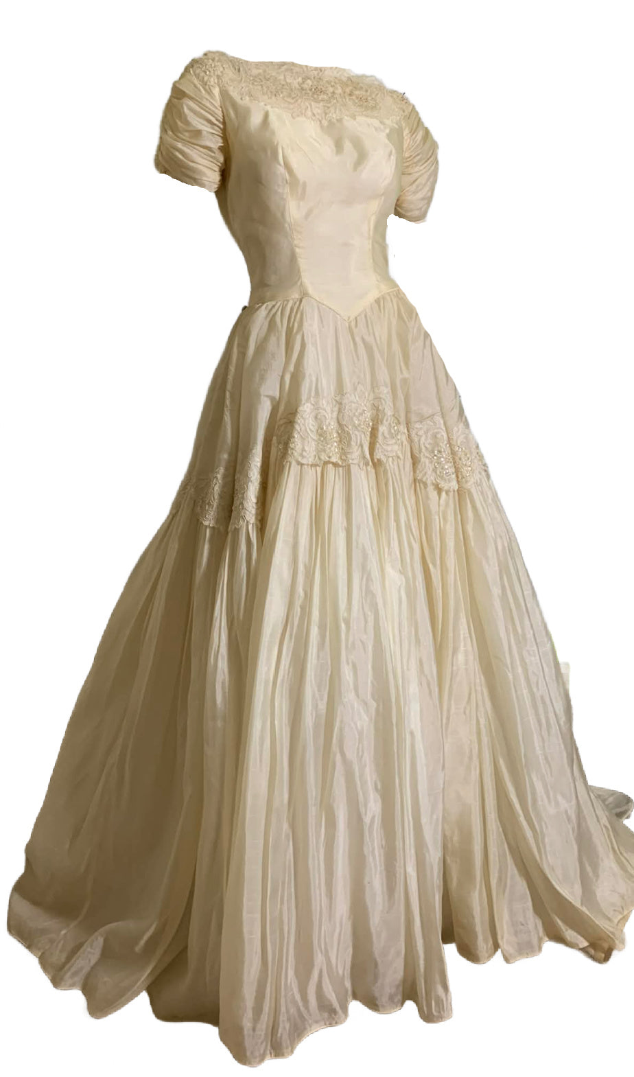 Ivory Organza Short Sleeved Sequined Wedding Dress Massive Skirt circa 1950s
