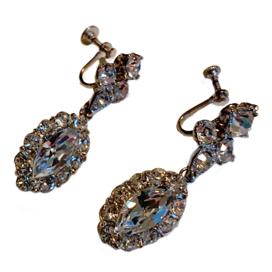 Shimmering Crystal and Rhinestone Dangle Clip Earrings circa 1950s