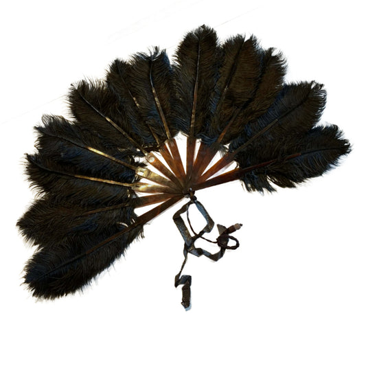 Onyx Black Curved Ostrich Feather Fan 15" circa 1920s