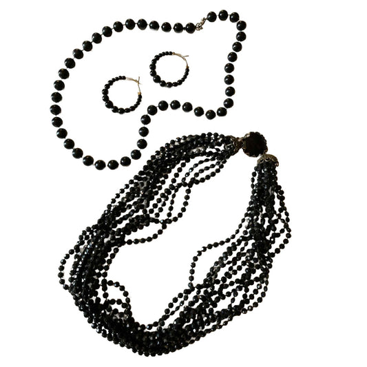 Lot 2 Black Beaded Necklaces and Beaded Hoop Earrings circa 1960s