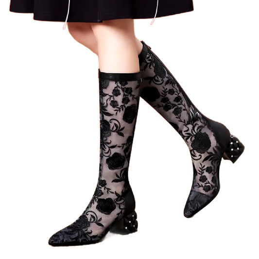 Stocking Feet- the Illusion Lace Low Heel Boot 2 Colors