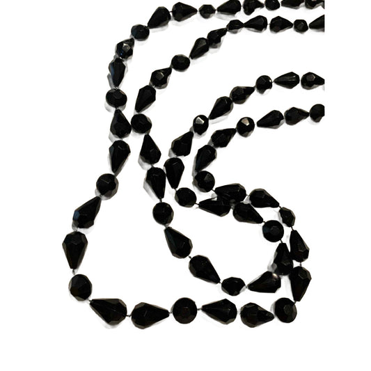 Faceted Black Bead Super Log Necklace 60" circa 1960s