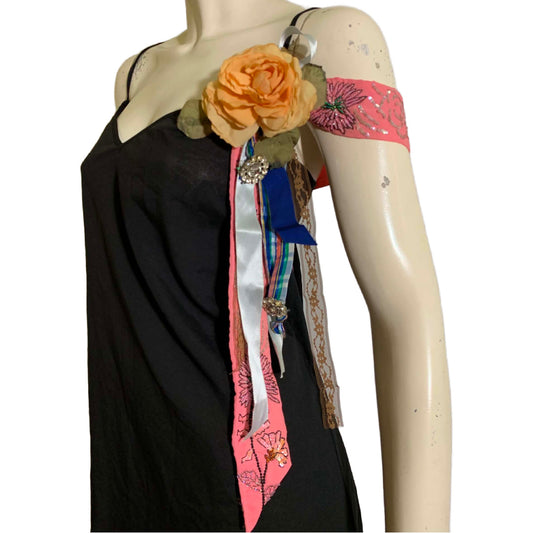 Pageant Girl Black Reimagined Slip Dress with Vintage Millinery, Lace and Ribbons
