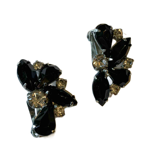 Curved Black Navette and Clear Rhinestone Clip Earrings circa 1960s