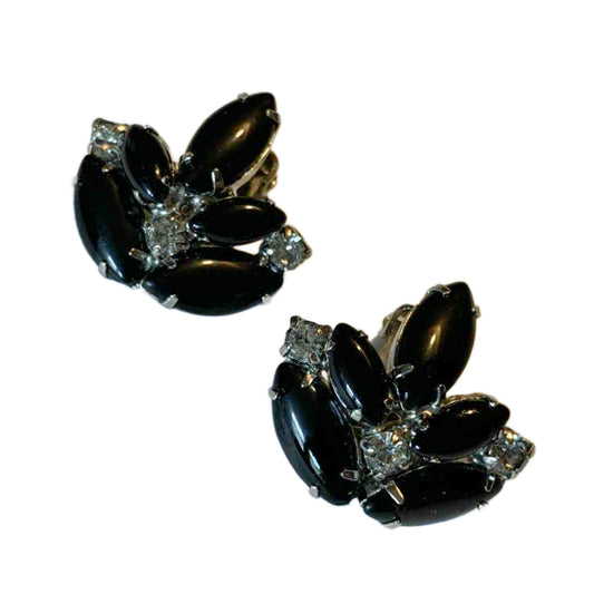 Black Navette and Clear Rhinestone Clip Earrings circa 1960s