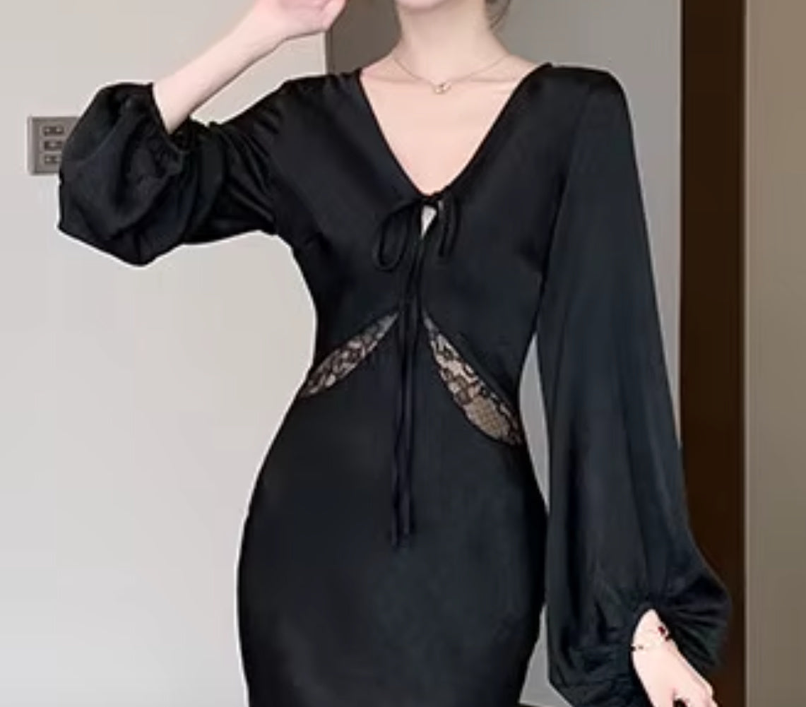 Morticia- the Balloon Sleeve Black Bias Cut Satin Dress