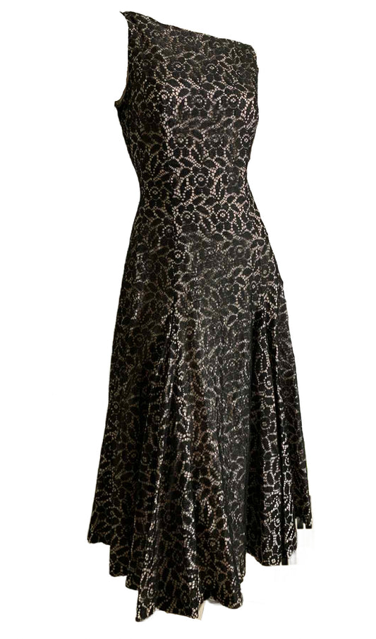 Black and Pink Illusion Lace Full Skirt Dress circa 1960s