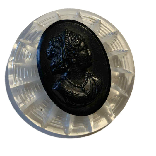 Reverse Carved Lucite Brooch with Black Cameo Portrait of Woman circa 1940s