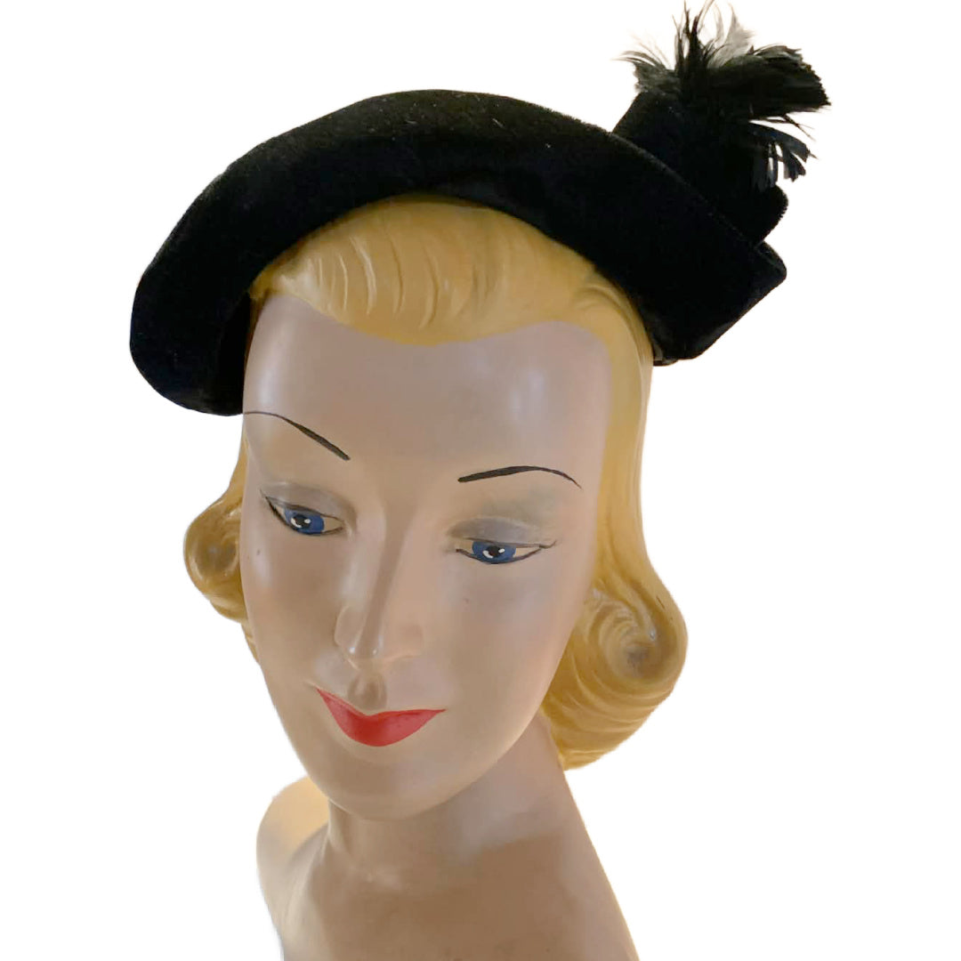 Black Velvet Cocktail Hat with Feathered Accent circa 1950s
