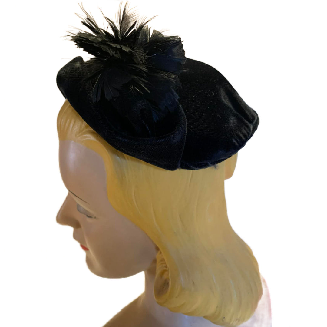 Black Velvet Cocktail Hat with Feathered Accent circa 1950s
