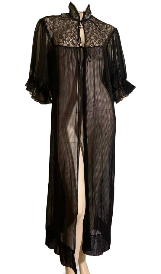 Sheer Black Pleated Chiffon Robe Lace Trim circa 1960s