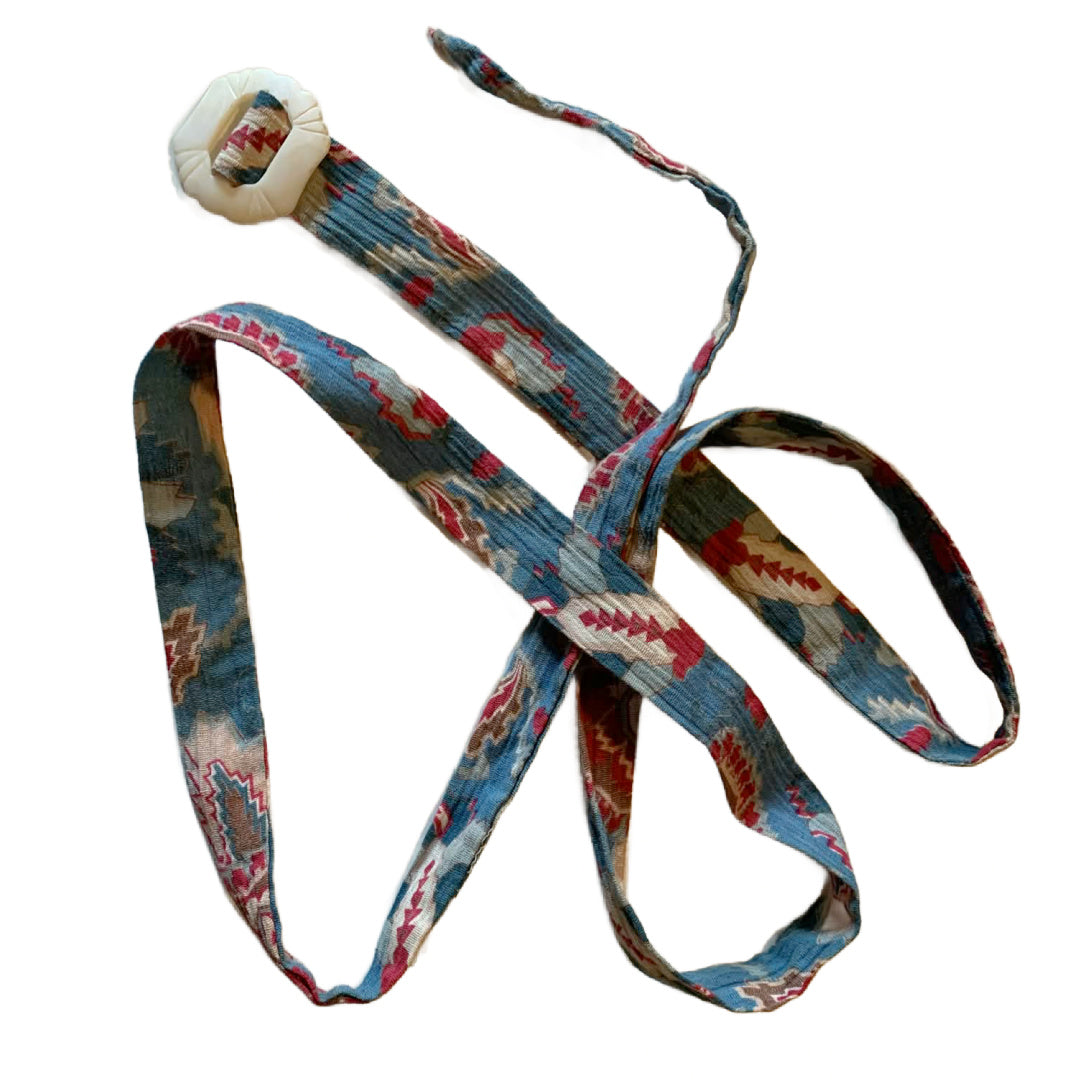 Mood Blue 1930s Crinkled Cotton Feather Print Sash with Slide Belt