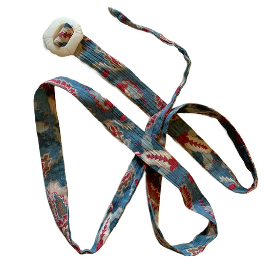 Mood Blue 1930s Crinkled Cotton Feather Print Sash with Slide Belt