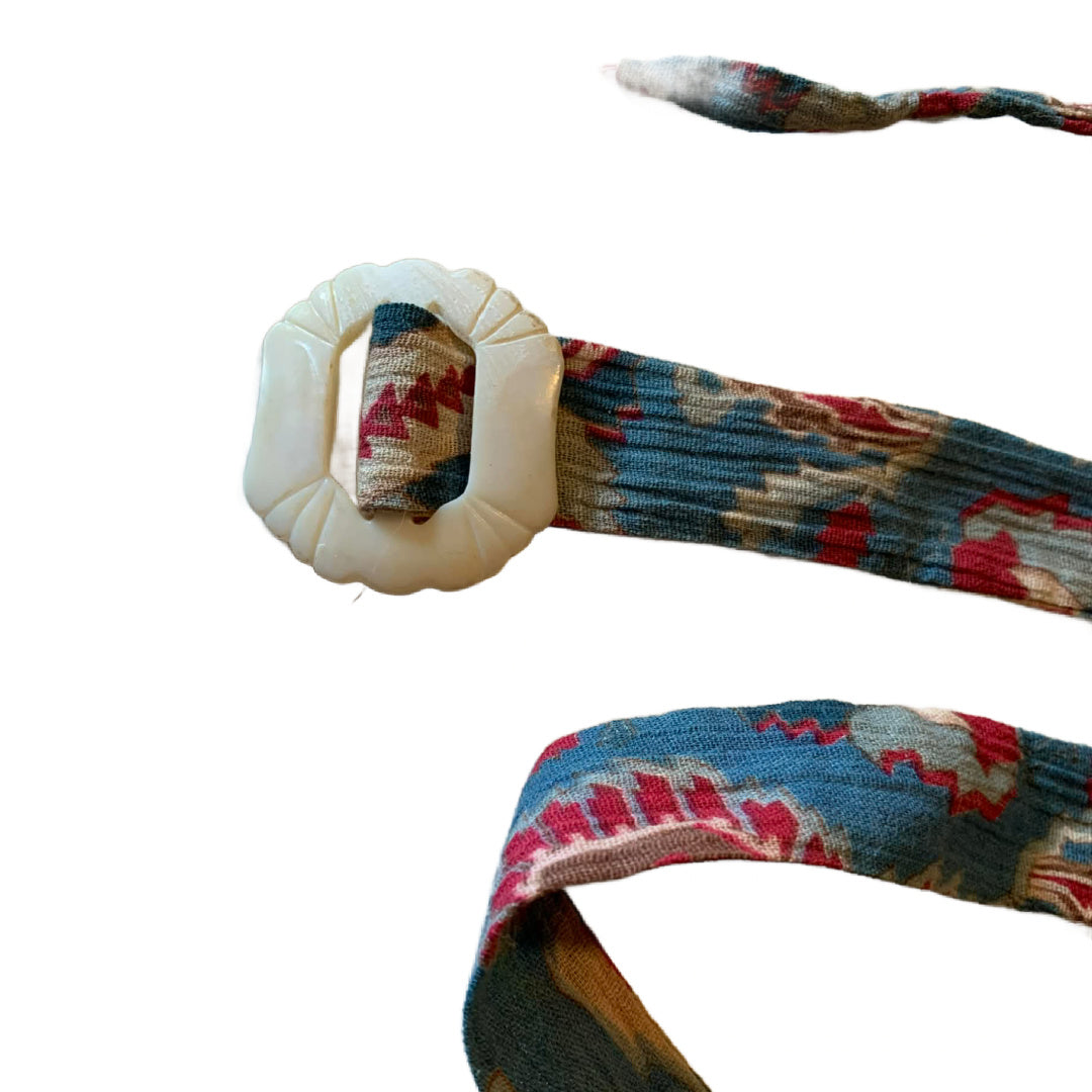 Mood Blue 1930s Crinkled Cotton Feather Print Sash with Slide Belt