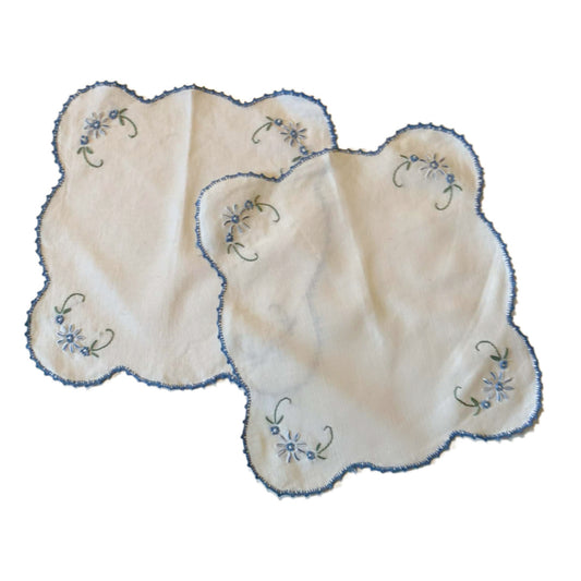 Set Two Blue Embroidered White Handkerchief Scalloped Edges circa 1940s