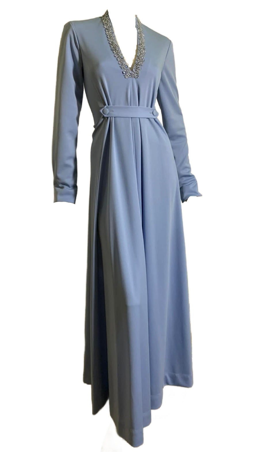 Ocean Blue Knit Poly Maxi Dress Rhinestone Neckline circa 1970s