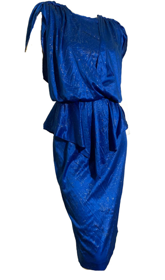 Glittery Royal Blue Draped Disco Dress Low Back circa 1980s