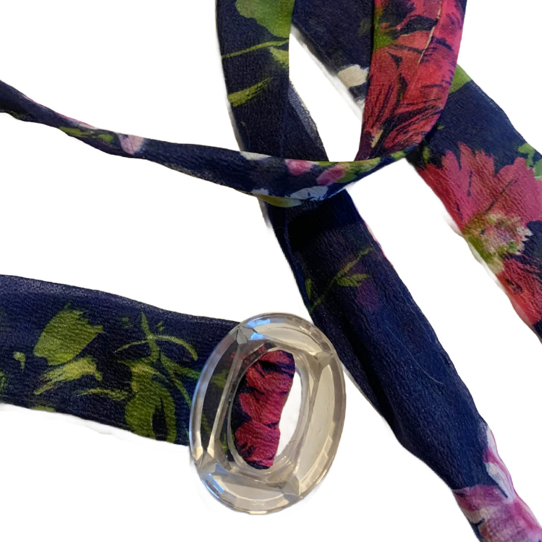 Looking Glass Blue and Pink Floral 1940s Fabric Belt Glass Slide Buckle Refurbished up to XXL