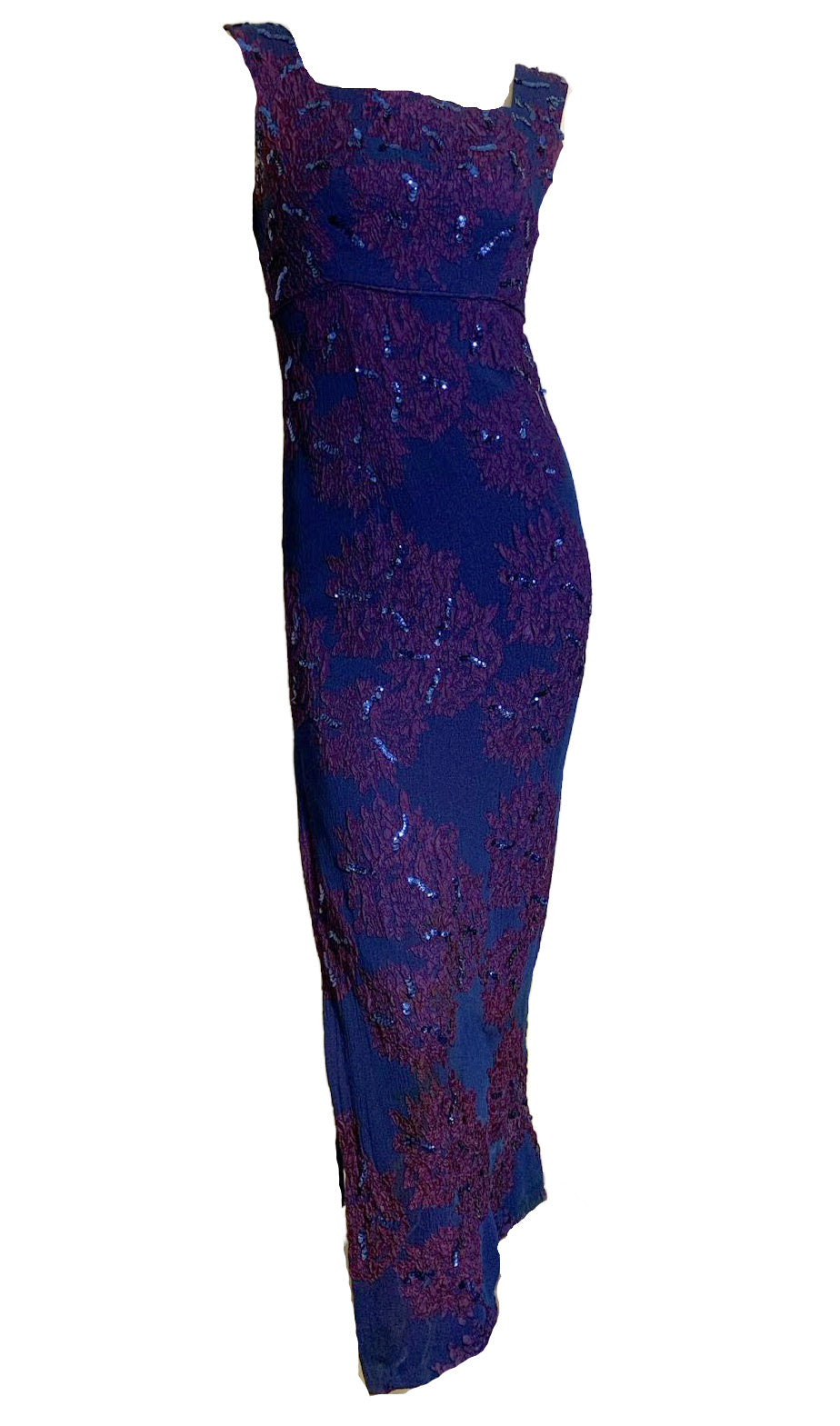 Sultry Sapphire Blue and Purple Sequined High Slit Evening Dress circa 1960s