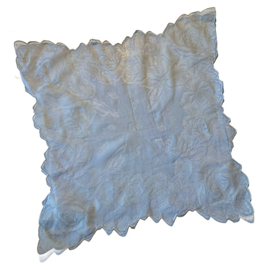 Baby Blue Scalloped Edge Rose Design Handkerchief circa 1950s