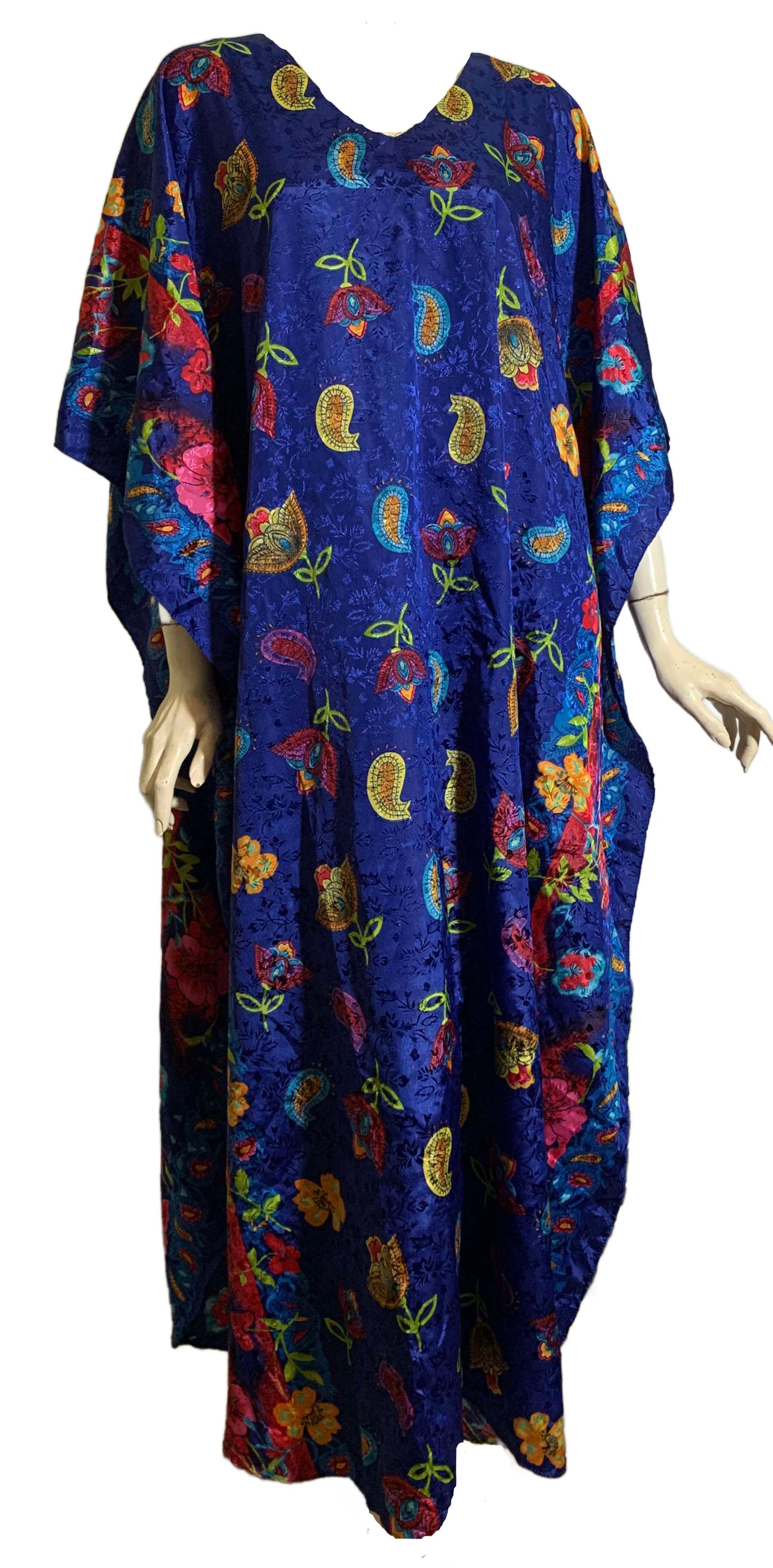 Bright Floral Print Satin Finish Caftan  circa 1990s