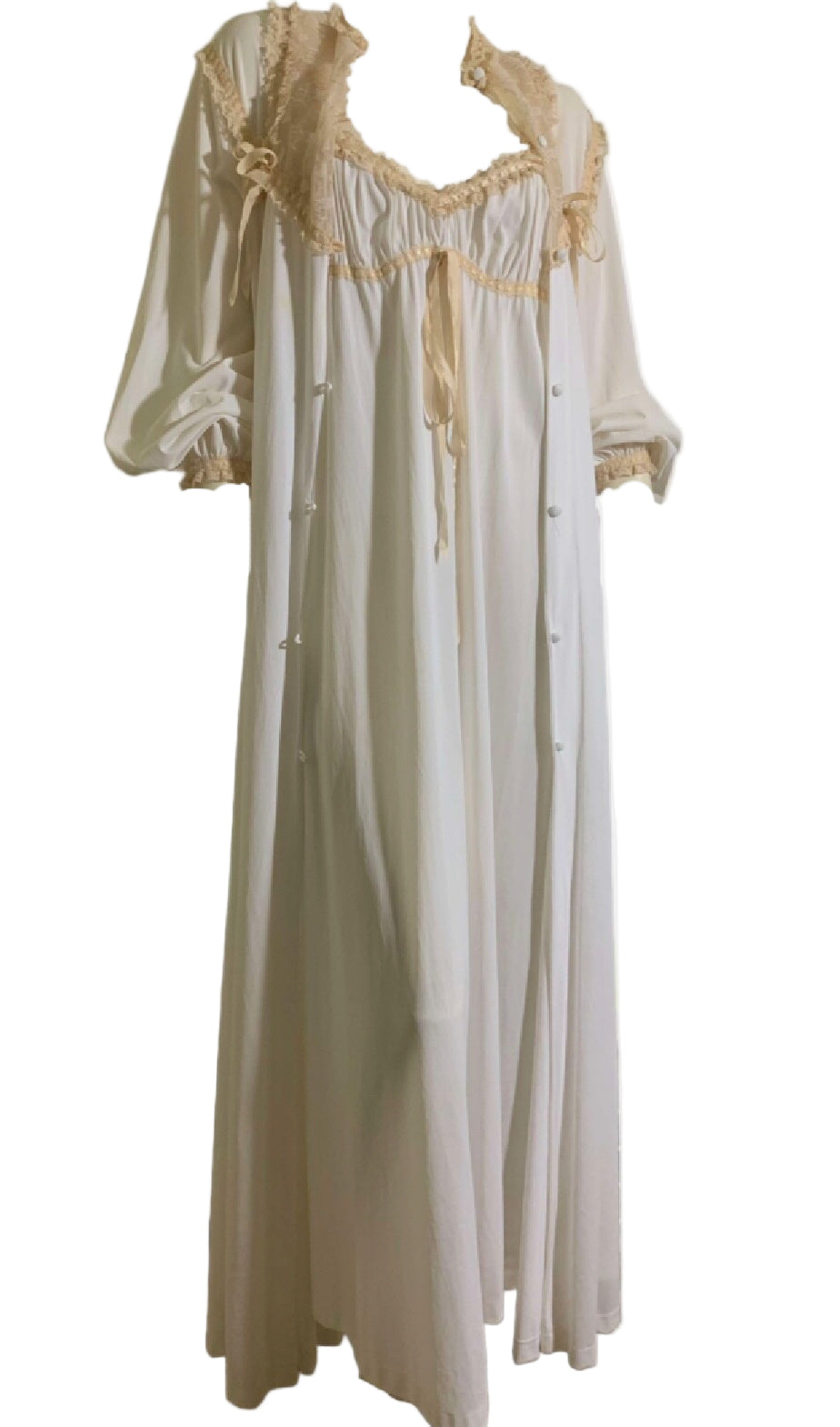 Romantic Porcelain White Nylon Nightgown & Robe Peignoir Set with Ribbons and Lace circa 1970s
