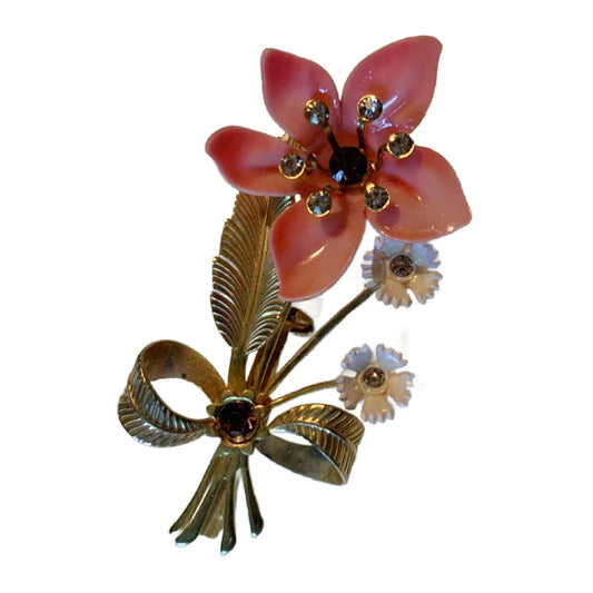 Sweet Pink Flower Enameled Bouquet Brooch with Rhinestones circa 1940s