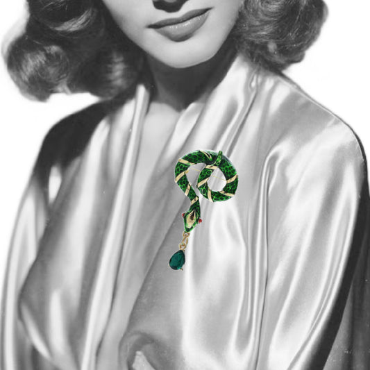 Coiled Enameled Metal Snake with Dangling Crystal Brooch 3 Colors