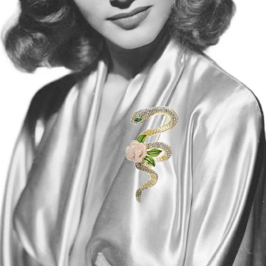 Silvery Rhinestone Serpent and Pink Rose Brooch