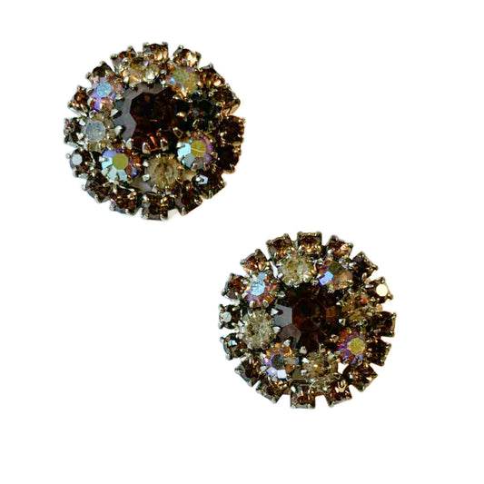 Dark Honey Rhinestone Circle Clip Earrings circa 1960s Weiss