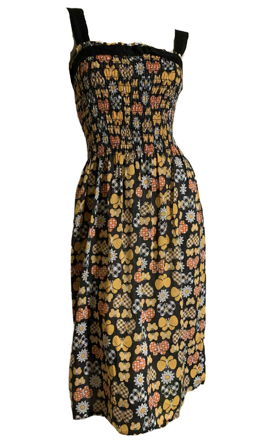 Smocked Bodice Butterfly Print Cotton Sun Dress circa 1970s