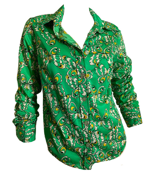 Green and Yellow Butterfly Print Jersey Poly Blouse Dagger Collar circa 1970s