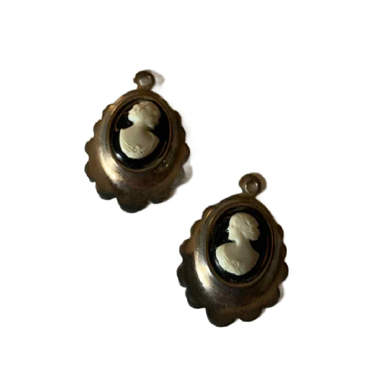 Black and Silver Plated Cameo Style Earrings Pendants circa 1940s